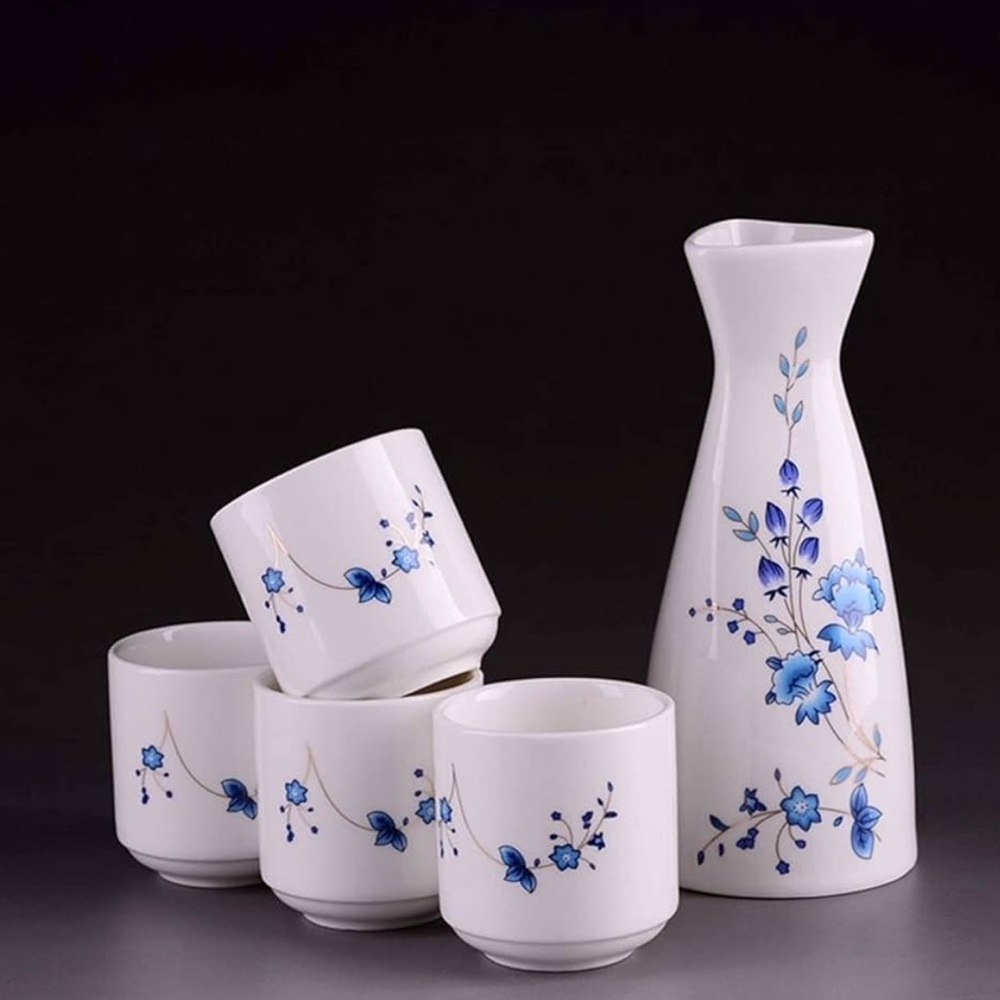 White Ceramic Sake Set with Blue Floral Design NIB Gift Ready